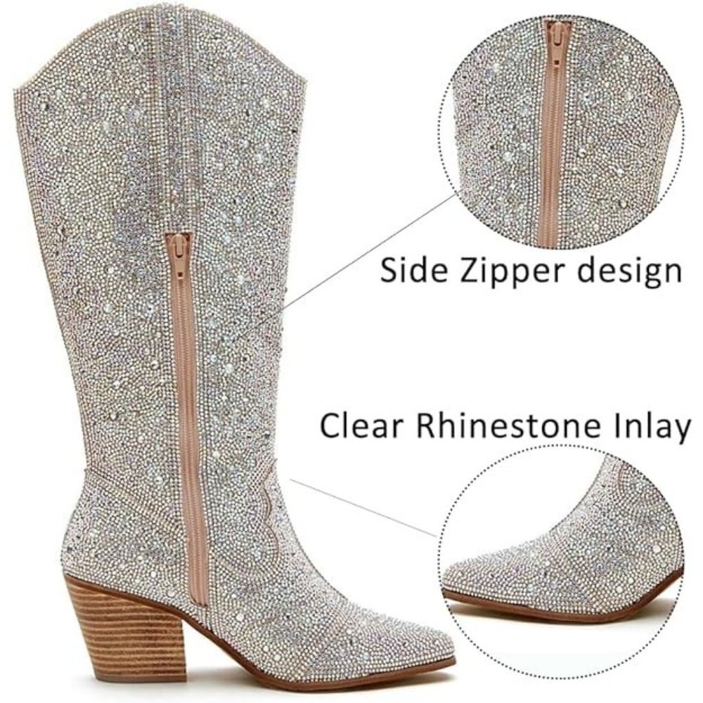 NWT Sparkling Bling Swarovski Crystal PINK Women Knee High Cowboy Boots … - Picture 8 of 11